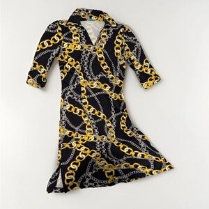 J. McLaughlin Black and Gold Chain Print Dress